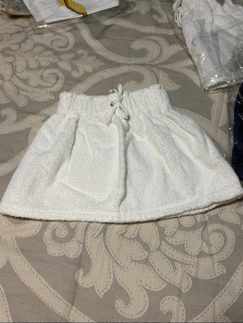White Terry Cloth Elastic Waist Mini Skirt
